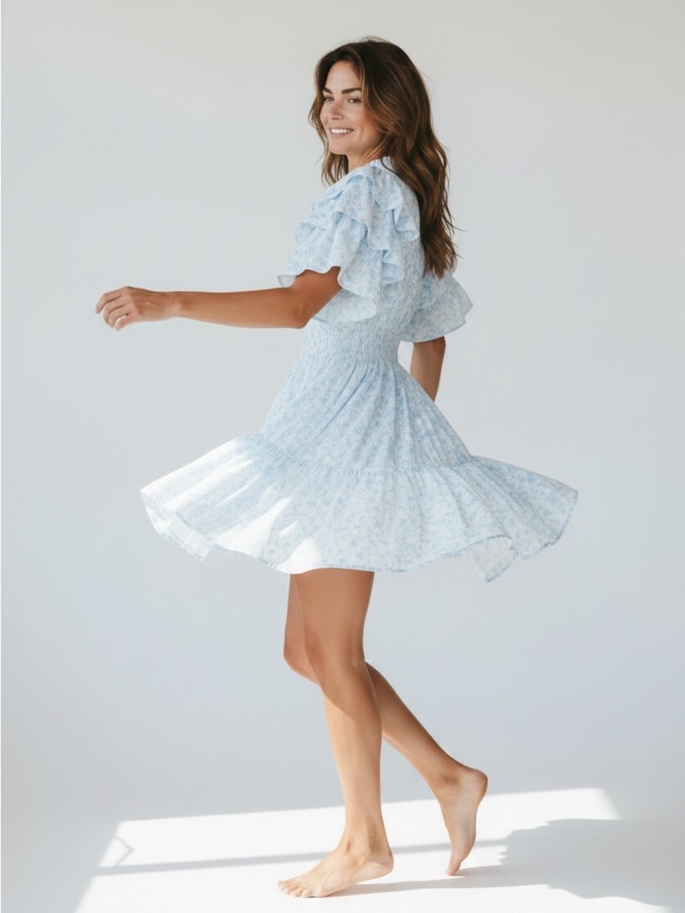 JjsFairyland Pastel Blue Eyelet Lace Tiered Mini Dress, Smocked Waist, Ruffles L